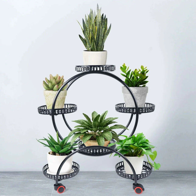 Elegant Rolling Metal Plant Display Stand with 6 Pot Holders for Indoor and Outdoor Use - Très Elite