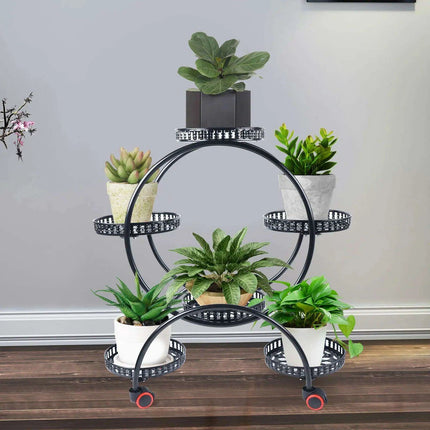 Elegant Rolling Metal Plant Display Stand with 6 Pot Holders for Indoor and Outdoor Use - Très Elite
