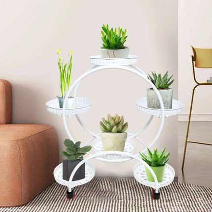 Elegant Rolling Metal Plant Display Stand with 6 Pot Holders for Indoor and Outdoor Use - Très Elite
