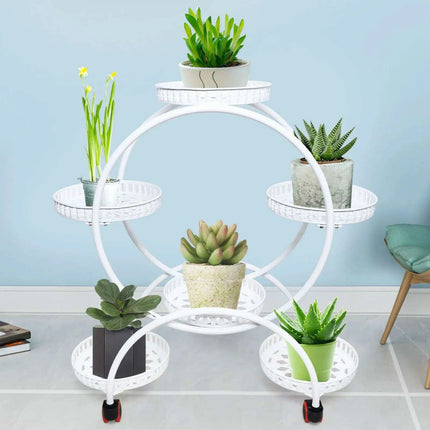 Elegant Rolling Metal Plant Display Stand with 6 Pot Holders for Indoor and Outdoor Use - Très Elite