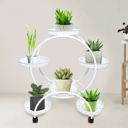 Elegant Rolling Metal Plant Display Stand with 6 Pot Holders for Indoor and Outdoor Use - Très Elite