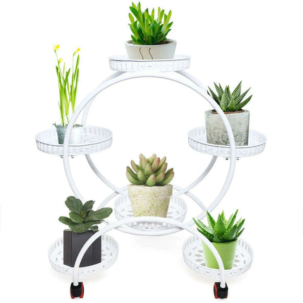 Elegant Rolling Metal Plant Display Stand with 6 Pot Holders for Indoor and Outdoor Use - Très Elite