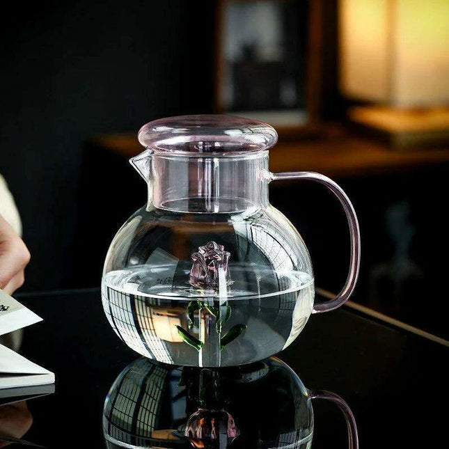Elegant Rose Floral Glass Cold Brew Teapot - Stylish and Heat-Resistant Design with Ergonomic Handle for Entertaining