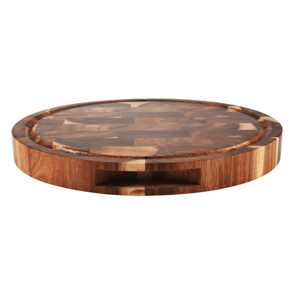 Elegant Round Acacia Wood Butcher Block with Ergonomic Handles and Non-Slip Base - Très Elite