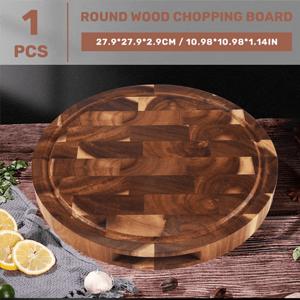 Elegant Round Acacia Wood Butcher Block with Ergonomic Handles and Non-Slip Base - Très Elite