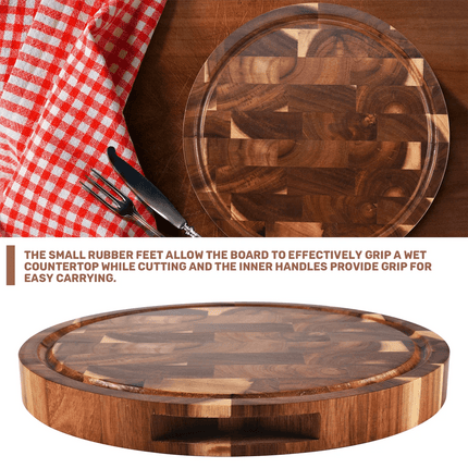 Elegant Round Acacia Wood Butcher Block with Ergonomic Handles and Non-Slip Base - Très Elite