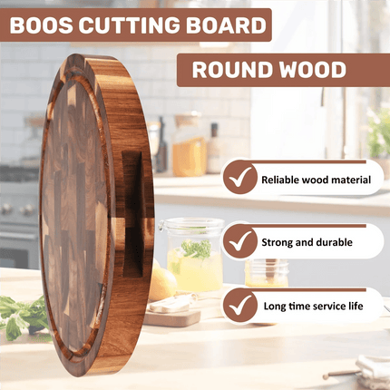 Elegant Round Acacia Wood Butcher Block with Ergonomic Handles and Non-Slip Base - Très Elite