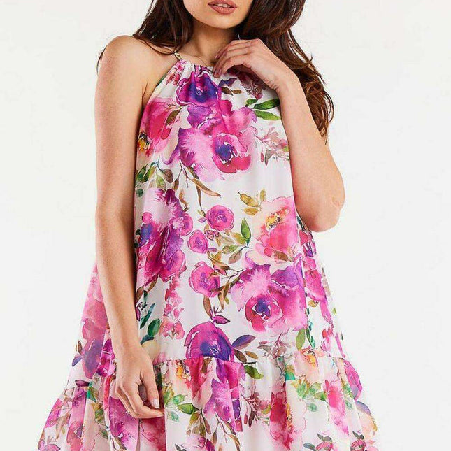 Elegant Ruffle-Detail Chiffon Day Dress with Adjustable Waistband