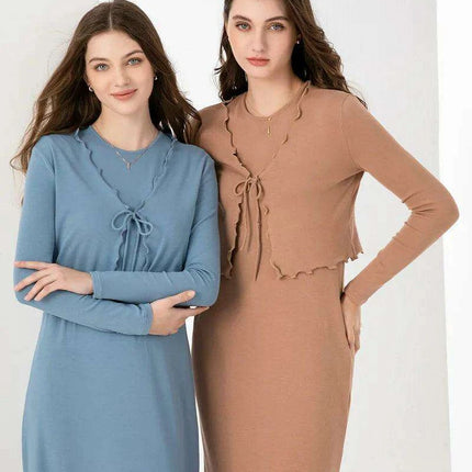 Elegant Ruffle Maxi Dress & Lettuce Edge Cardigan Set for Women - Très Elite