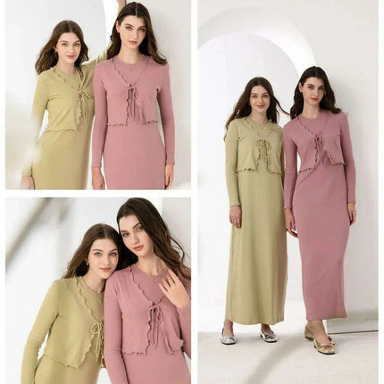 Elegant Ruffle Maxi Dress & Lettuce Edge Cardigan Set for Women - Très Elite