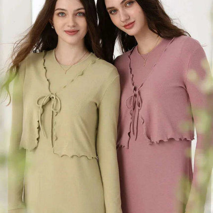 Elegant Ruffle Maxi Dress & Lettuce Edge Cardigan Set for Women - Très Elite