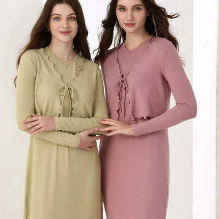 Elegant Ruffle Maxi Dress & Lettuce Edge Cardigan Set for Women - Très Elite