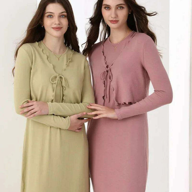 Elegant Ruffle Maxi Dress & Lettuce Edge Cardigan Set for Women