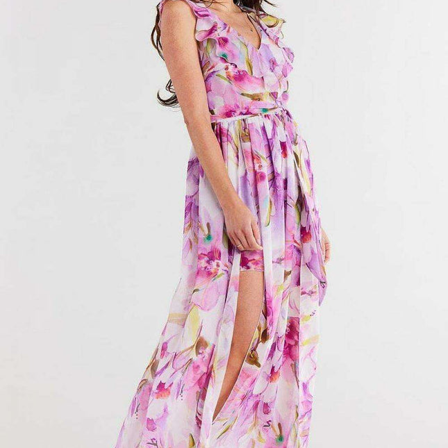 Elegant Ruffled Chiffon Daydress with Waist-Cinching Belt