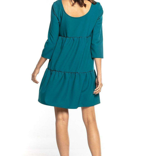 Elegant Ruffled Flare Mini Dress with Boat Neck and Three-Quarter Sleeves