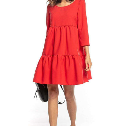 Elegant Ruffled Flare Mini Dress with Boat Neck and Three-Quarter Sleeves