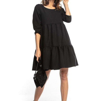 Elegant Ruffled Flare Mini Dress with Boat Neck and Three-Quarter Sleeves