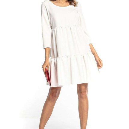 Elegant Ruffled Flare Mini Dress with Boat Neck and Three-Quarter Sleeves