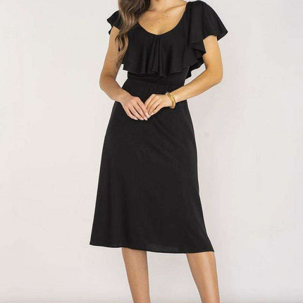 Elegant Ruffled Midi Dress with Adjustable Waistband