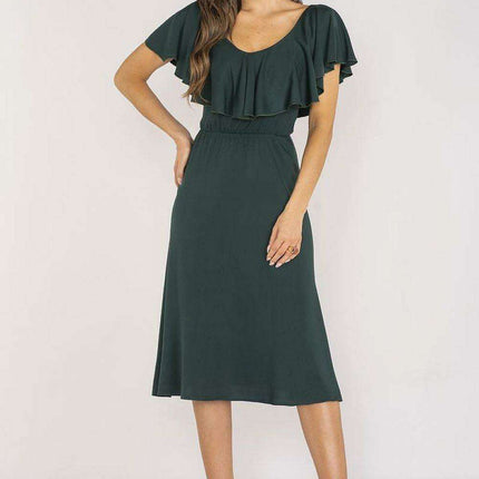 Elegant Ruffled Midi Dress with Adjustable Waistband