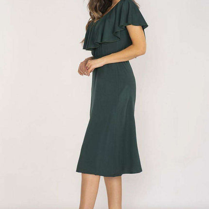 Elegant Ruffled Midi Dress with Adjustable Waistband - Très Elite