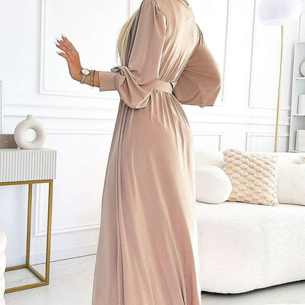 Elegant Sapphire Blue Maxi Dress with Side Slit and Stylish Wide Belt - Très Elite