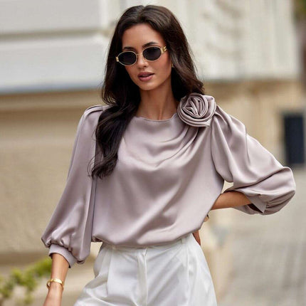 Elegant Satin Rose Blouse - Luxurious Fashion Statement