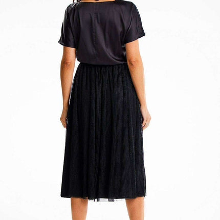 Elegant Satin and Mesh Kimono Sleeve Midi Dress - Très Elite