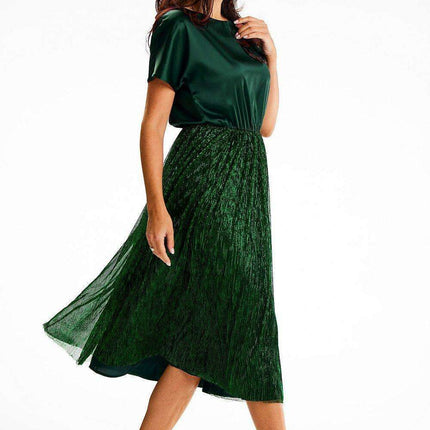 Elegant Satin and Mesh Kimono Sleeve Midi Dress - Très Elite