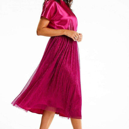 Elegant Satin and Mesh Kimono Sleeve Midi Dress - Très Elite