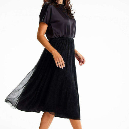 Elegant Satin and Mesh Kimono Sleeve Midi Dress - Très Elite