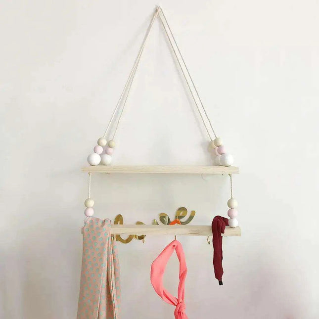 Elegant Scandinavian Dual Level Pine Wood Beads Storage Shelf