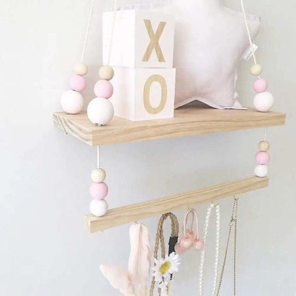 Elegant Scandinavian Dual Level Pine Wood Beads Storage Shelf - Très Elite