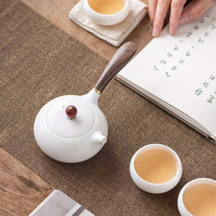 Elegant Sheep Fat Jade Porcelain Kung Fu Tea Set with Side Handle Filter - Xishi Pot - Très Elite