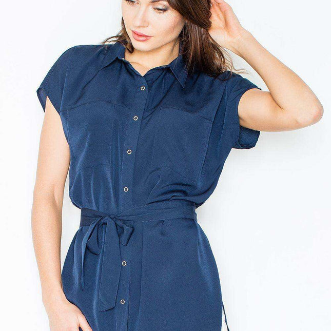Elegant Short Sleeve Blouse with Adjustable Waist Detail and Trendy Pockets