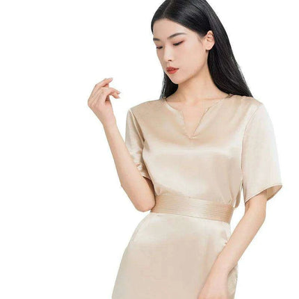 Elegant Silk V-neck Top and Midi Skirt Ensemble - Chic Women's Two-Piece Set - Très Elite