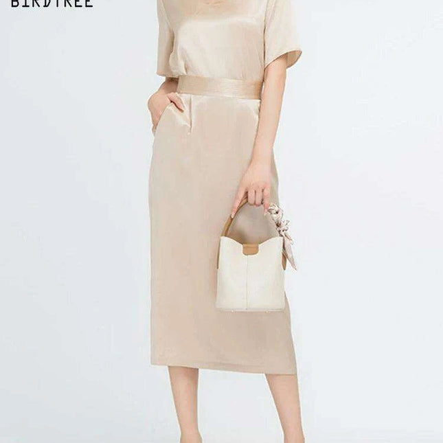 Elegant Silk V-neck Top and Midi Skirt Ensemble - Chic Women's Two-Piece Set