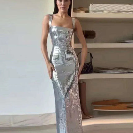 Elegant Silver Backless Maxi Gown - Chic Evening Event Wear - Très Elite