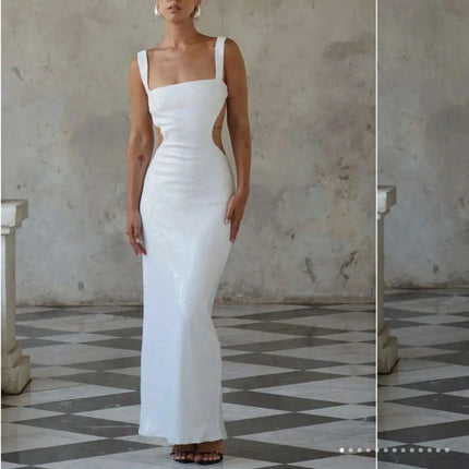 Elegant Silver Backless Maxi Gown - Chic Evening Event Wear - Très Elite