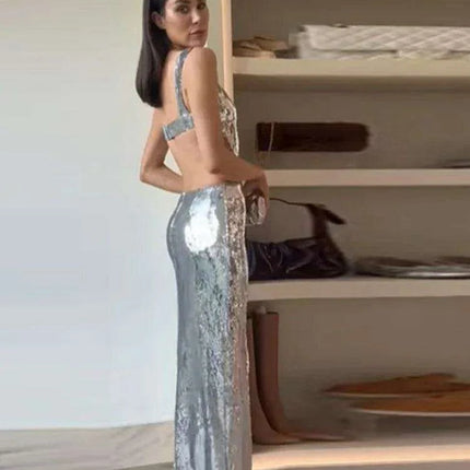 Elegant Silver Backless Maxi Gown - Chic Evening Event Wear - Très Elite
