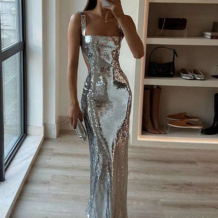 Elegant Silver Backless Maxi Gown - Chic Evening Event Wear - Très Elite