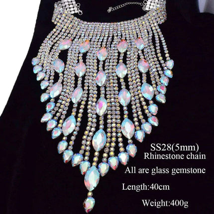Elegant Silver Chain Choker Necklace with Crystal AB Rhinestone Tassels - Perfect for Weddings and Glamorous Occasions - Très Elite