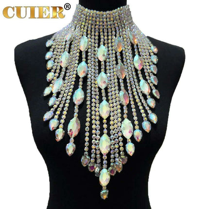 Elegant Silver Chain Choker Necklace with Crystal AB Rhinestone Tassels - Perfect for Weddings and Glamorous Occasions - Très Elite