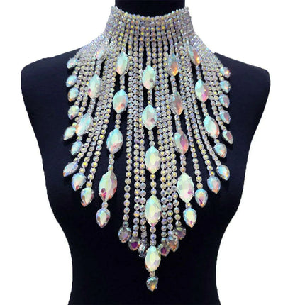 Elegant Silver Chain Choker Necklace with Crystal AB Rhinestone Tassels - Perfect for Weddings and Glamorous Occasions - Très Elite