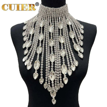 Elegant Silver Chain Choker Necklace with Crystal AB Rhinestone Tassels - Perfect for Weddings and Glamorous Occasions - Très Elite