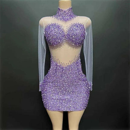 Elegant Sky Blue Sheer Evening Dress with Radiant Diamond Accents - Très Elite