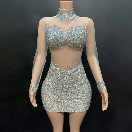 Elegant Sky Blue Sheer Evening Dress with Radiant Diamond Accents - Très Elite