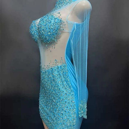 Elegant Sky Blue Sheer Evening Dress with Radiant Diamond Accents - Très Elite