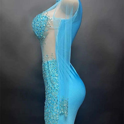 Elegant Sky Blue Sheer Evening Dress with Radiant Diamond Accents - Très Elite