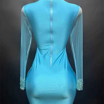 Elegant Sky Blue Sheer Evening Dress with Radiant Diamond Accents - Très Elite